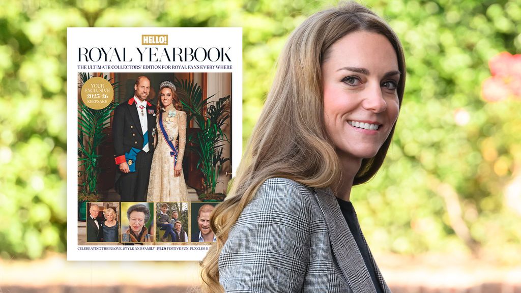 Princess Kate wearing a grey jacket and smiling with a cut-out image of a magazine as the inset