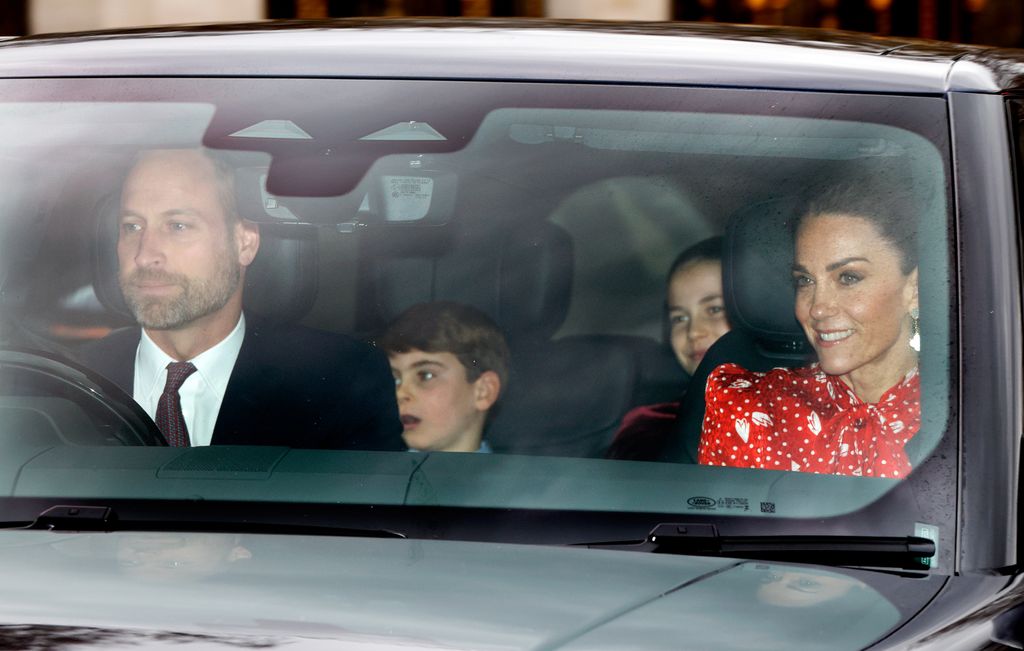 Prince William, Prince Louis, Princess Charlotte and the Princess of Wales attend a Christmas Lunch for members of the royal family at Buckingham Palace on December 16, 2025 in London, England